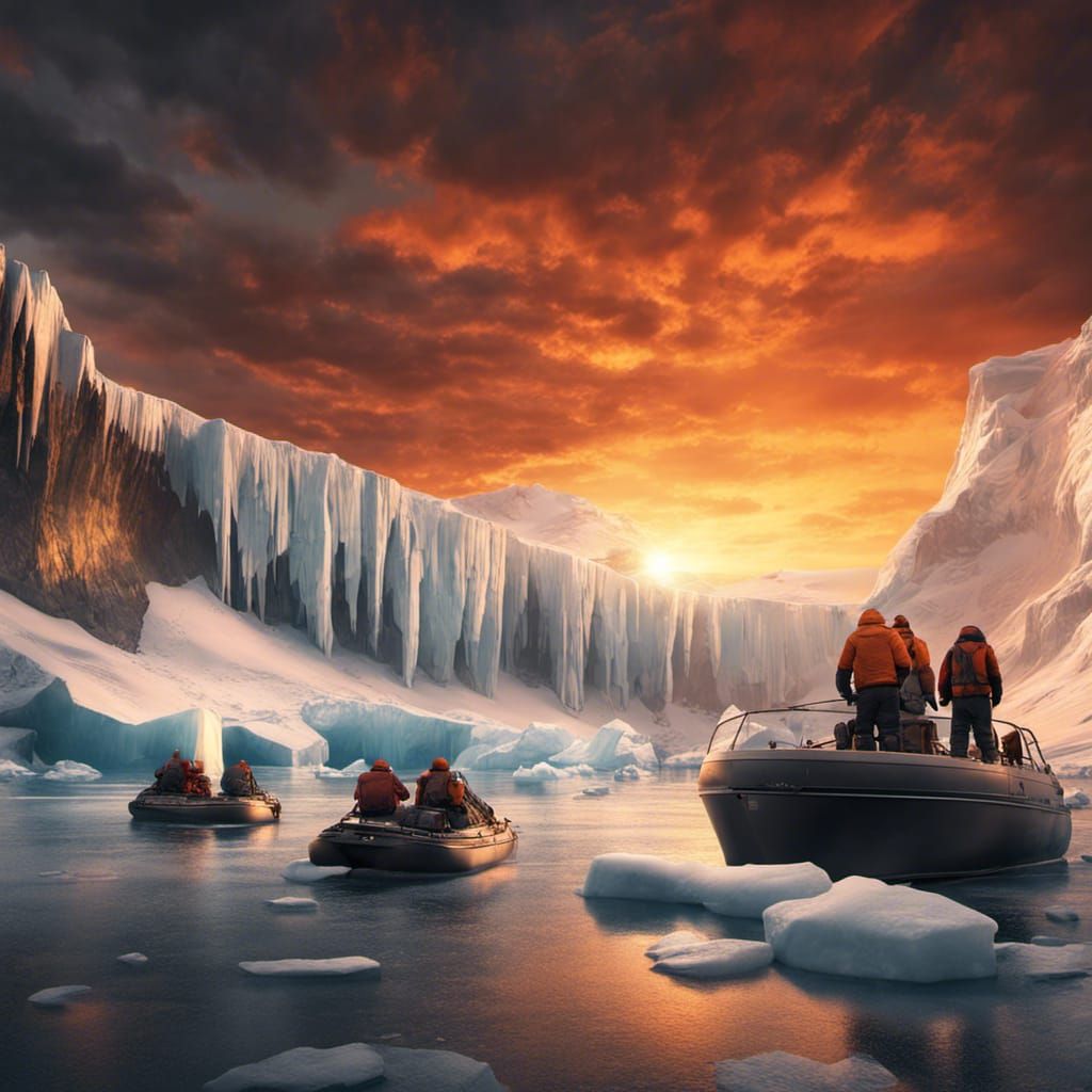 Growlers, bergy bits and antarctica ice falls, fiery sunset. intrepid explorers, Epic cinematic