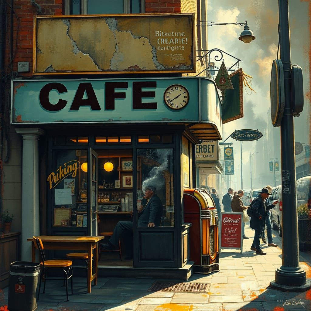 Weathered Cafe on Bustling Street Corner in Urban Surrealist...