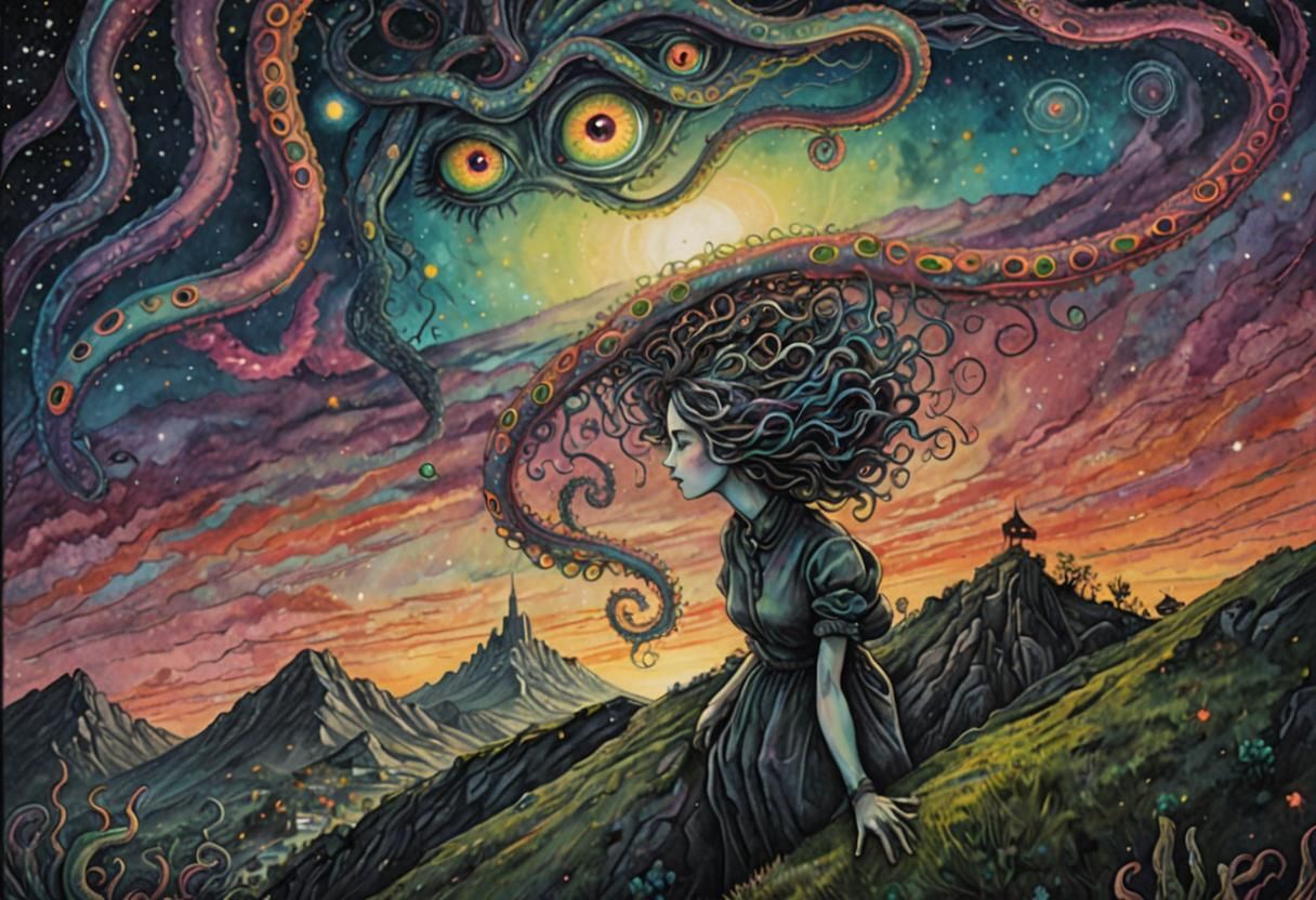 Woman on a hill under the eye with reaching tentacles  (8k resolution holographic astral cosmic illustration mixed media by Pablo Amaringo h...