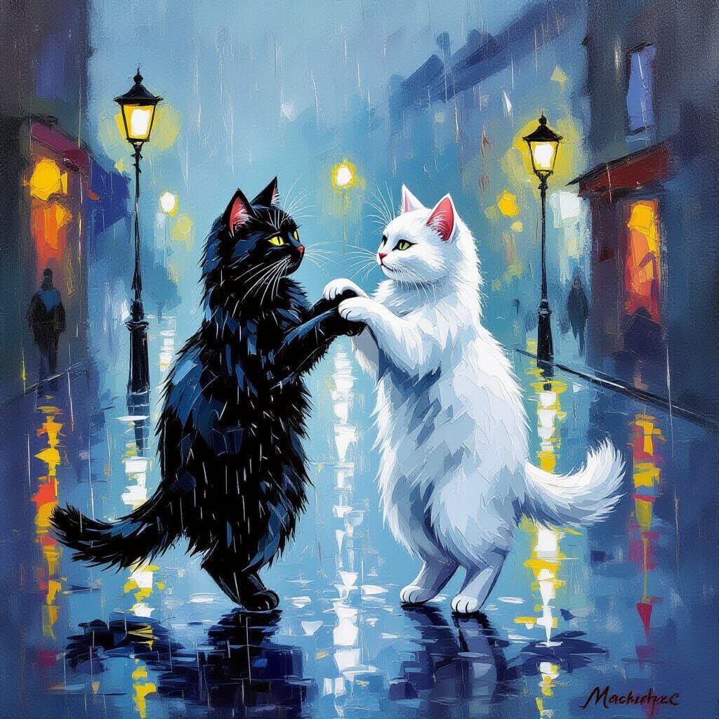 Black and White Cats Dancing in Expressive Oil Painting