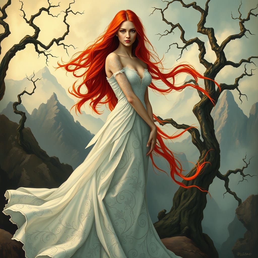 Majestic Woman in Vermilion Hair Stands Amidst Twi... - AI Art