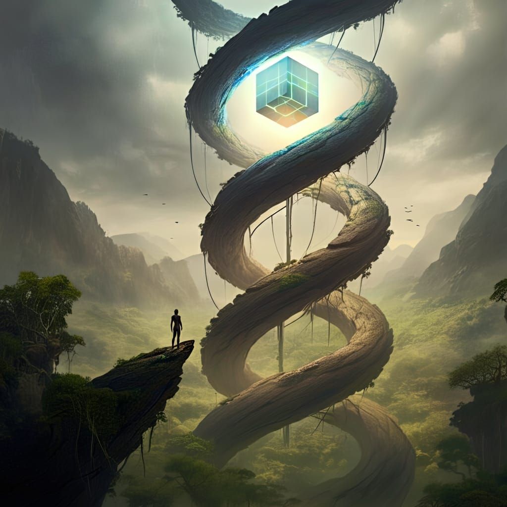 Human looking at Helix rock around power cube landscape