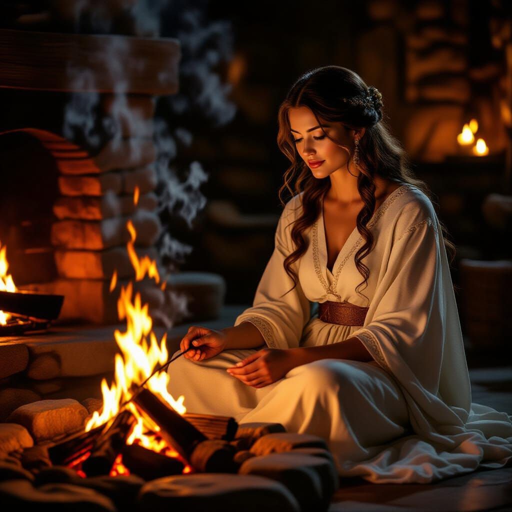 The goddess Hestia sits serenely by the hearth, her presence calm and unwavering, radiating a warmth ...  by @undefined