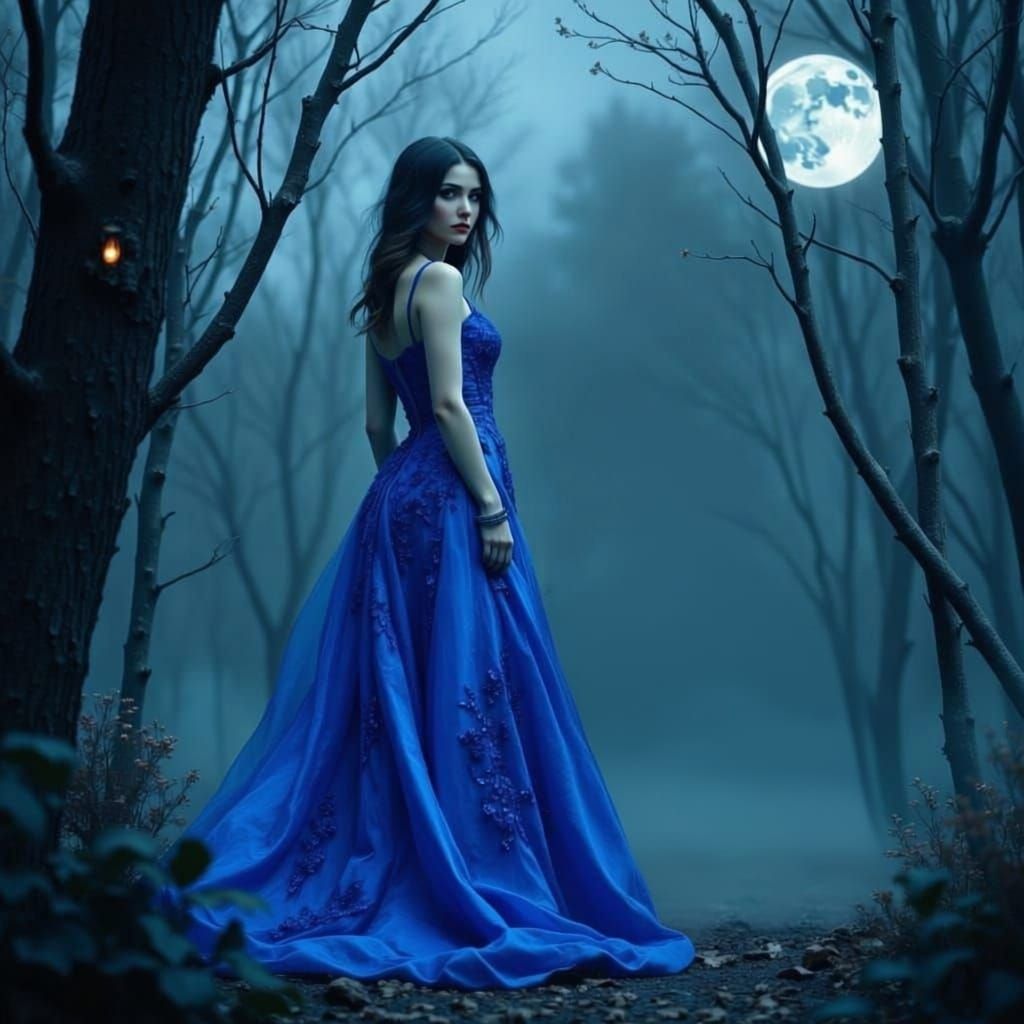 Vampire Woman and Wolf in Moonlit Gothic Forest