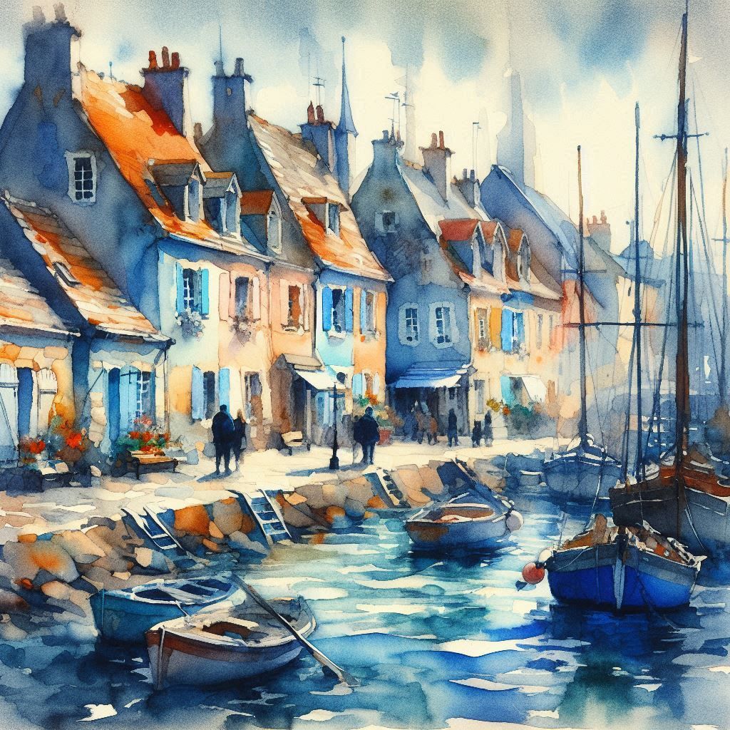 Watercolor fishing village