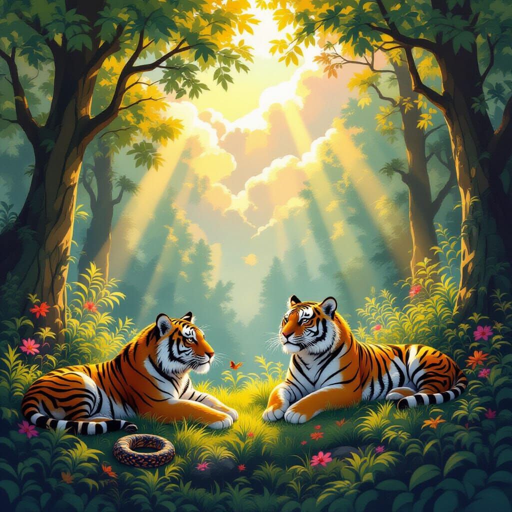 Whimsical Forest Scene with Tigers, Birds, and Snakes