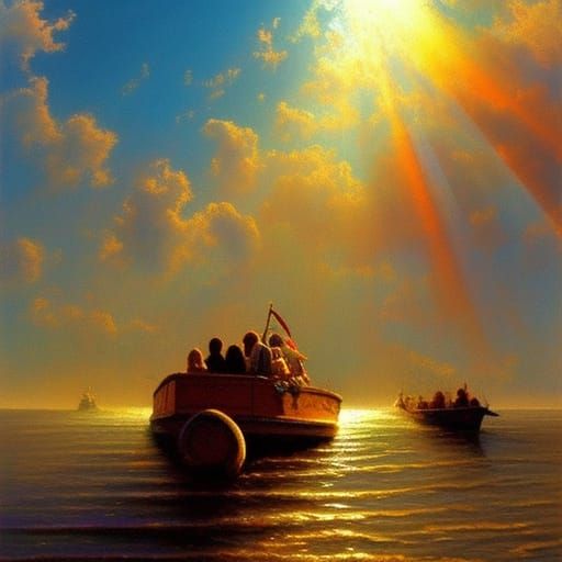 boat full of Christians riding up into the clouds of heaven ...