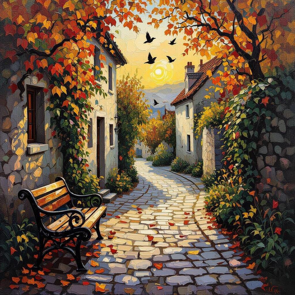 Impasto Oil Painting of Autumn Street Scene with Birds