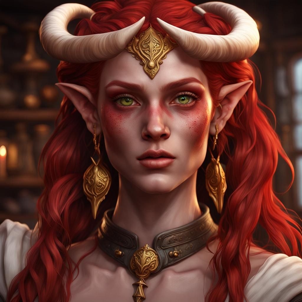 beautiful teifling female, red skin, long wavy red hair, red antelope ...