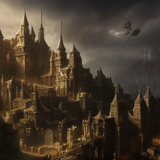 Cinematic fantasy landscape, dark medieval town, fortified, amazingly ...