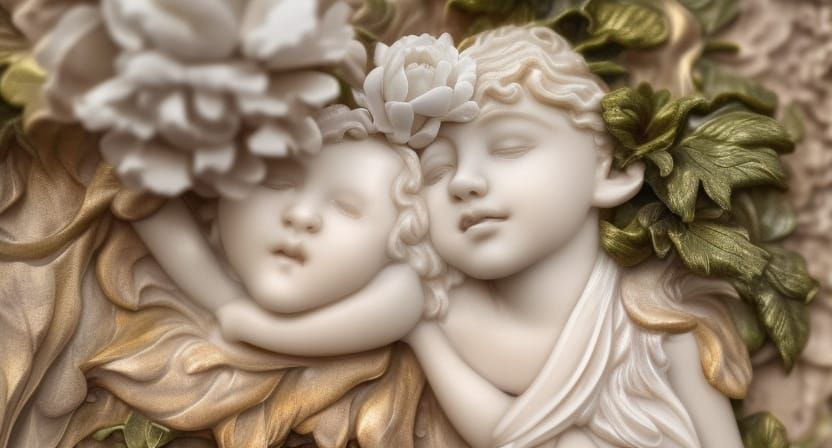 Sleeping angel sculpture in translucent opaline, pale and mi...