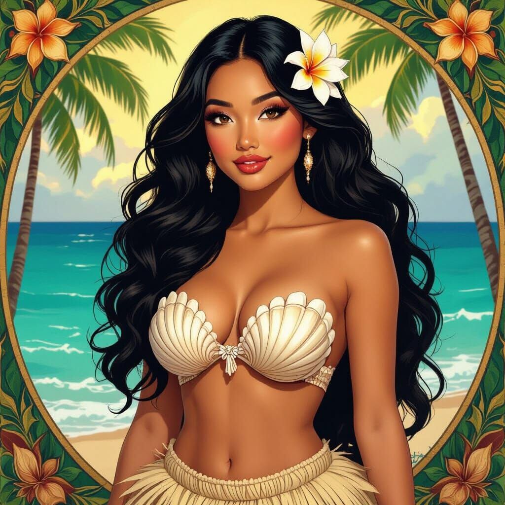 Filipina Woman in Seashell Bra, Tropical Art Nouveau Style
