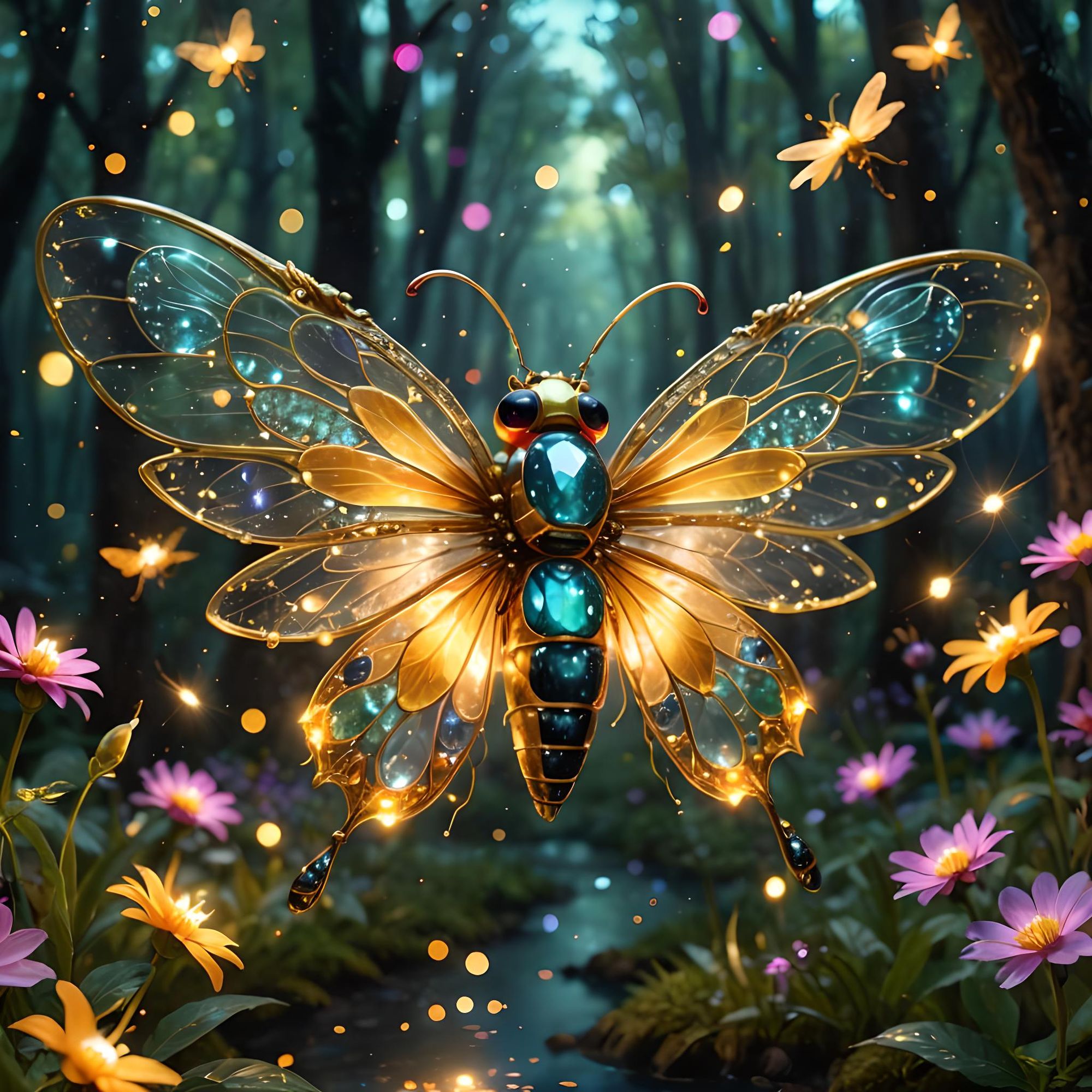 The crystal firefly in the magical forest