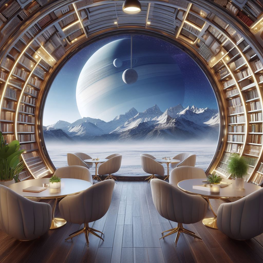 A beautiful library located in a space pod on the moon of saturn