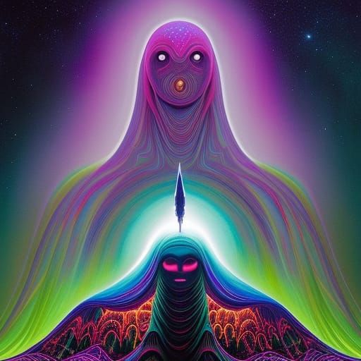 Hooded alien creature, full body portrait, by Alex Grey, Lis...
