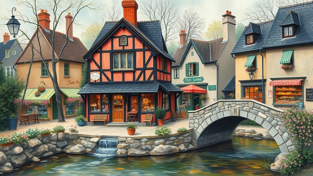 Charming Village Teahouse in Impressionist Style