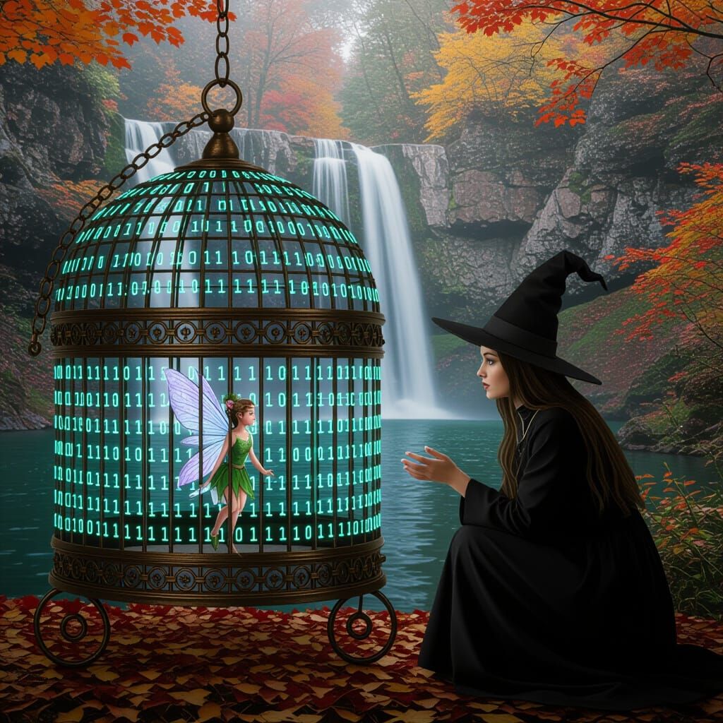 A birdcage made out of digital binary code being watched closely at by a witch, with a little fairy inside. In the background is a waterfall...