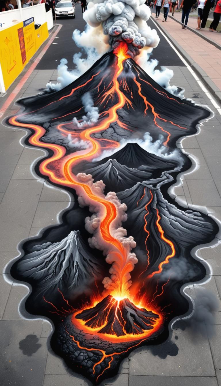 chalk art on pavement showcasing a volcanic eruption  by @Alan