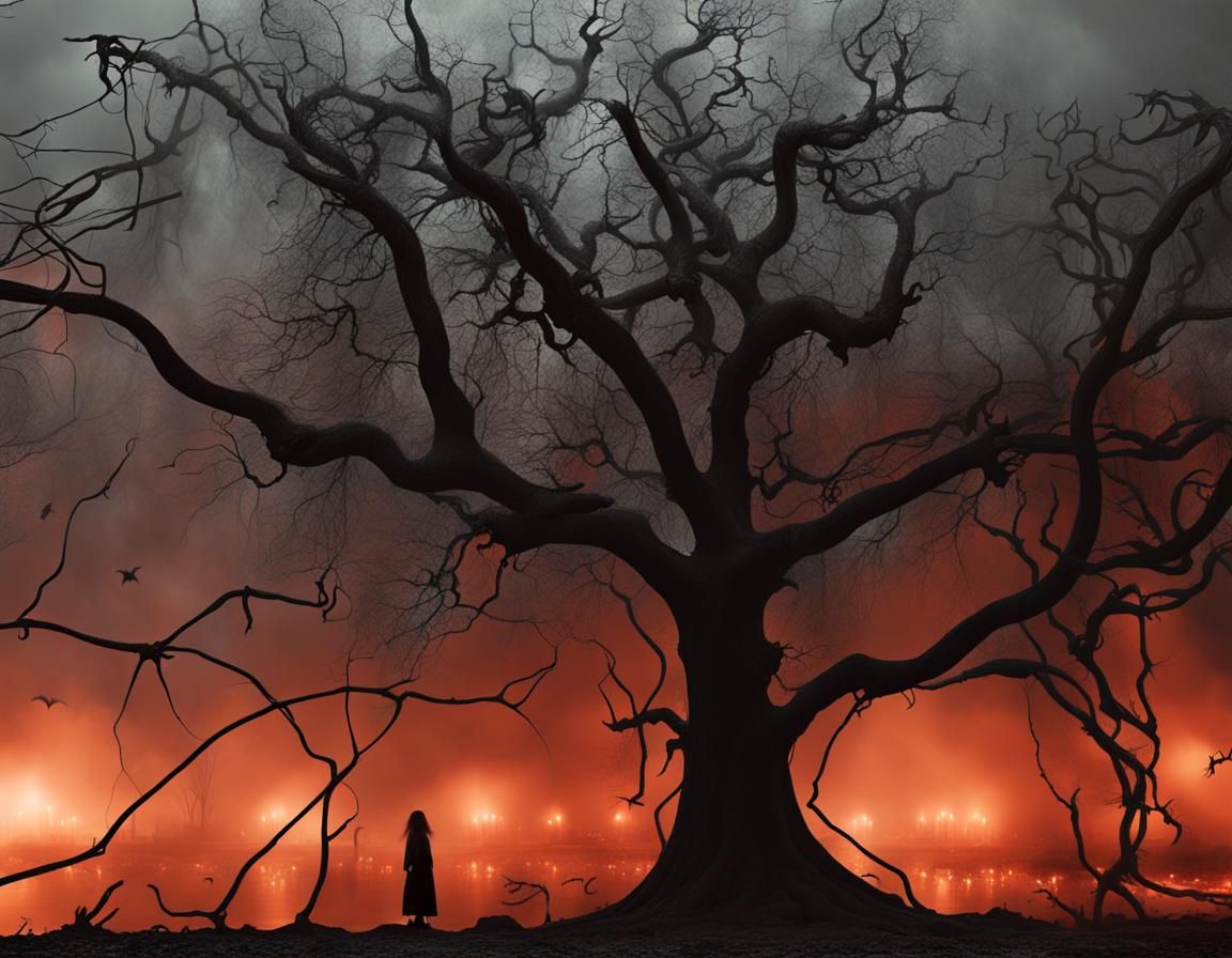 black branches. dead trees. graveyards. mausoleums. skeleton...