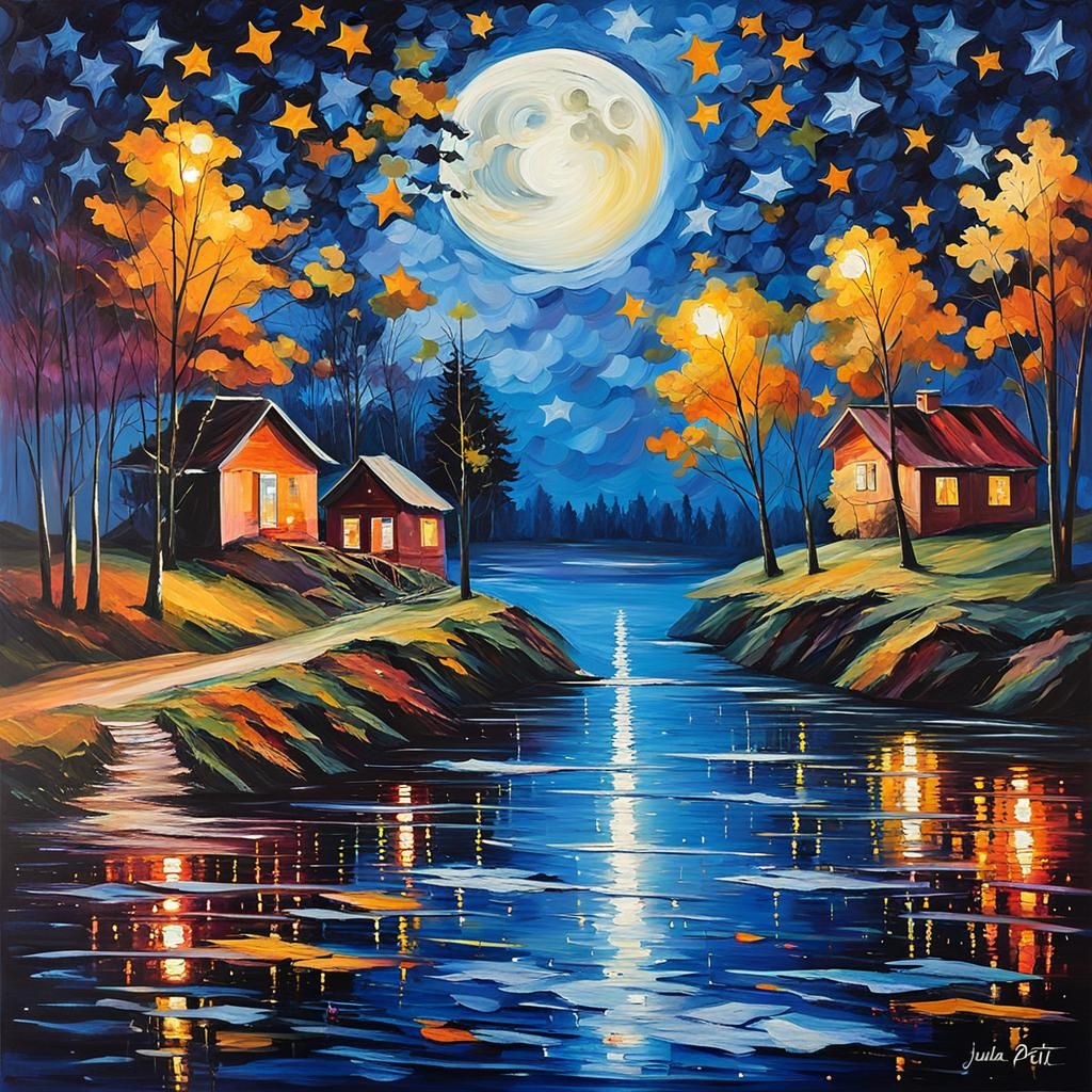 Beautiful autumn night, twilight time, Beautiful full moon, purplish blue night sky, sparkling stars, intensely reflective lake, evergreens,...