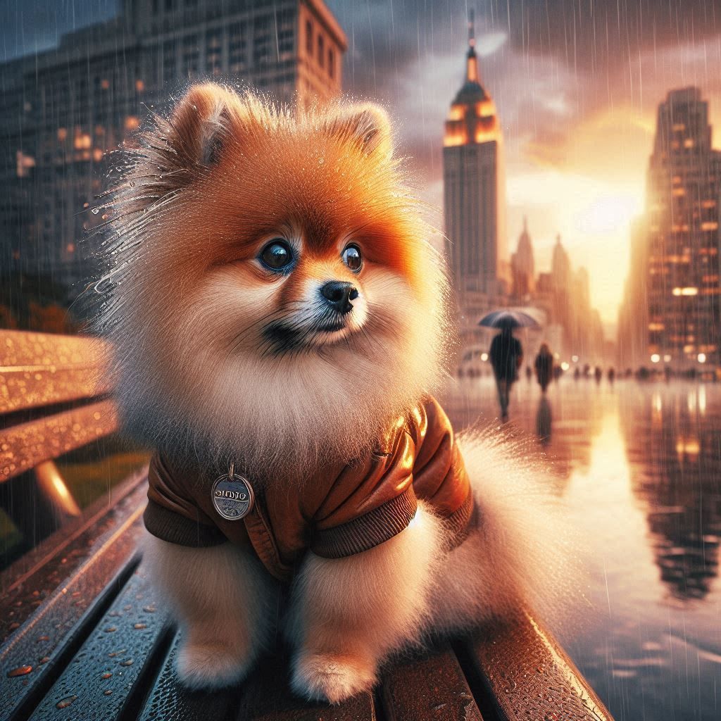 Cute Pomeranian on a Bench on a Rainy Day