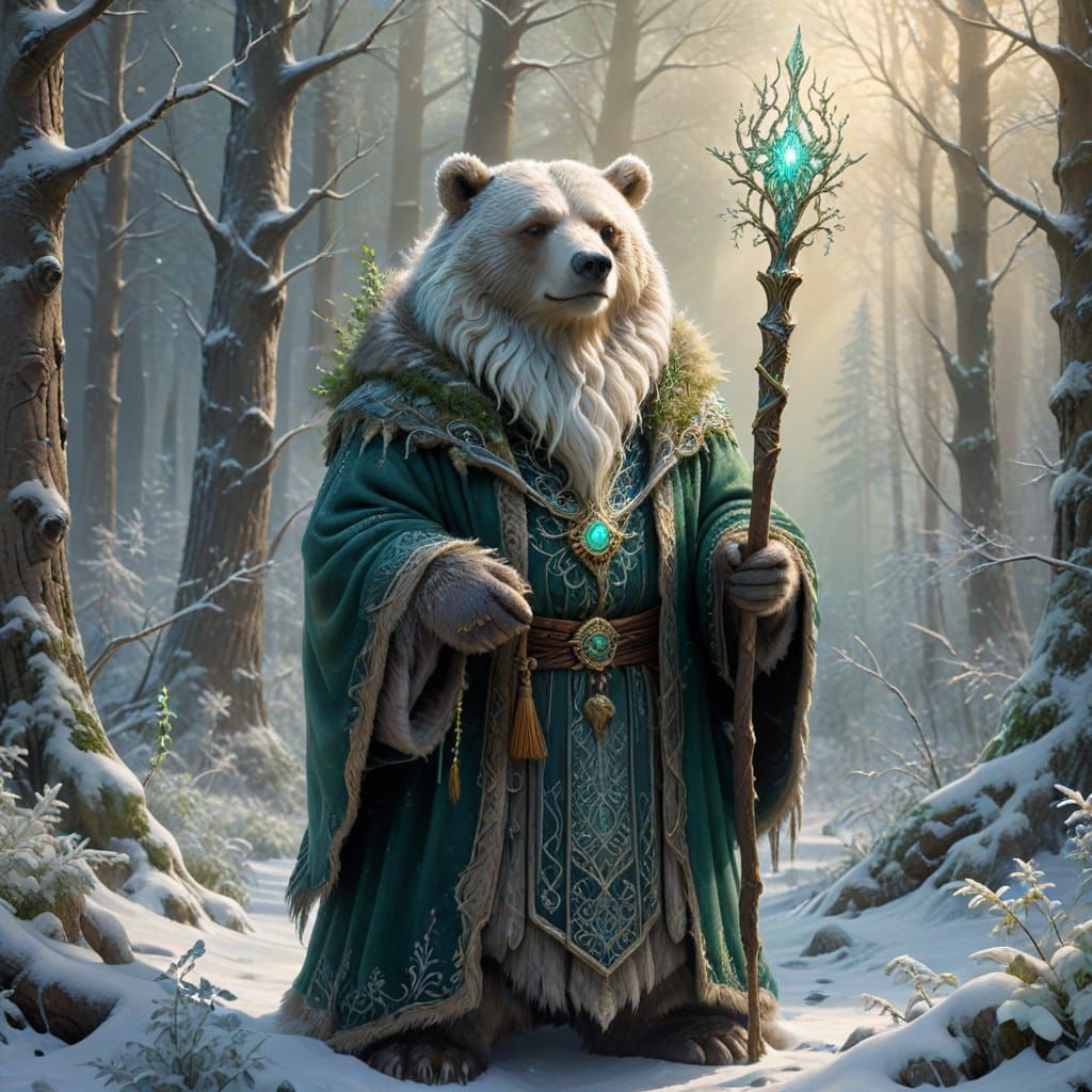 A wise and mystical old bear wizard holding a magical green staff.  by @undefined