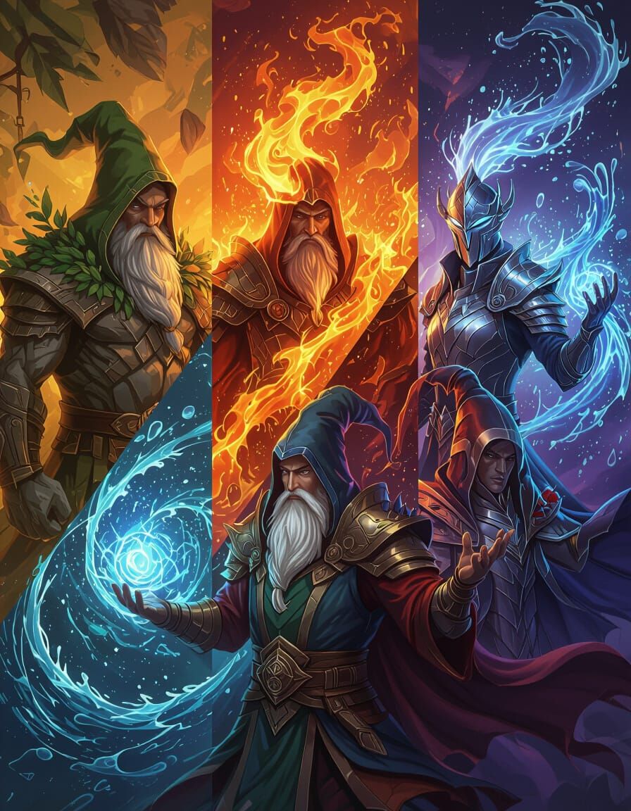 5 Elemental wizards.
Earth, Fire, Wind, Water and Metal.
  by @Chan Nelson