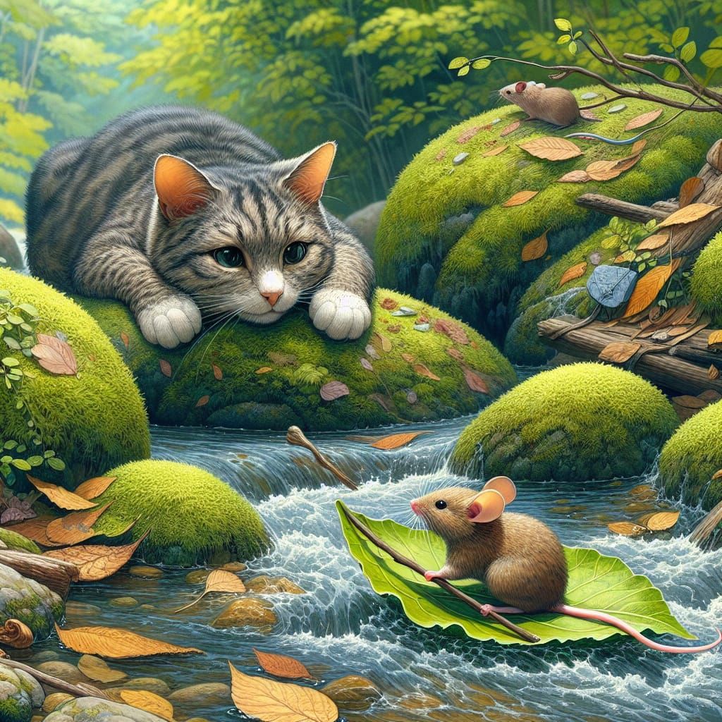 a cute cat submerged in a stream of flowing water, on its back with its legs out of the water, curiously watching a little mouse rowing thro...