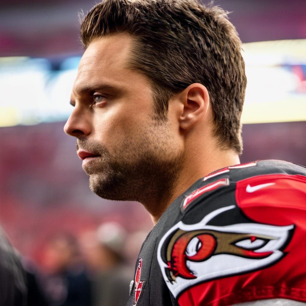 Sebastian Stan in color in Tampa Bay Buccaneers uniform<lora...