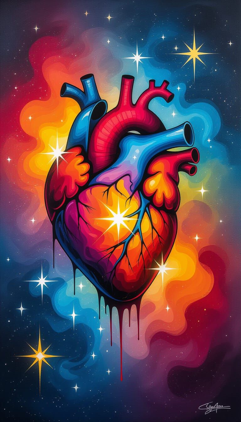 Cosmic Heart of Fire Graffiti Art with Falling Stars
