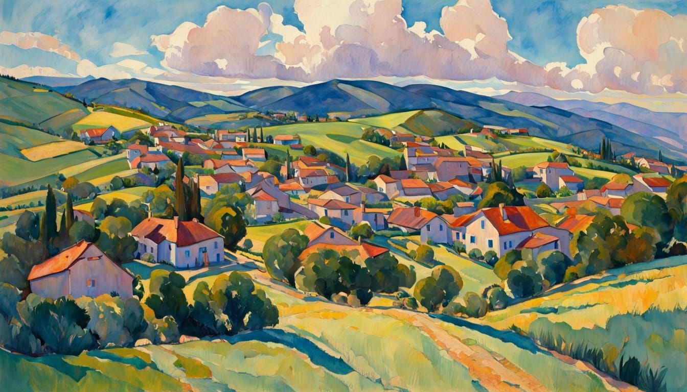 houses, street, lawns, hills, huge sky, wide open spaces, watercolor, gouache, erin hanson, cezanne, bright afternoon daylight, volumetric l...