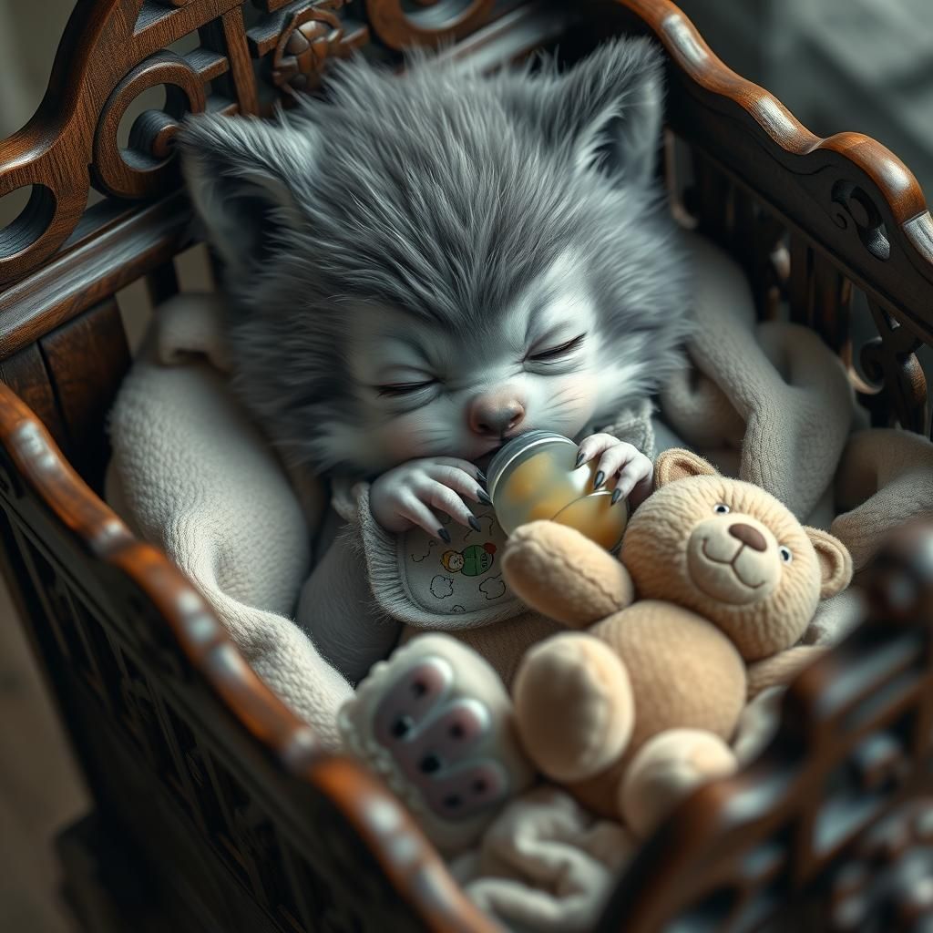 Cute Baby Werewolf Asleep in Ornate Cradle