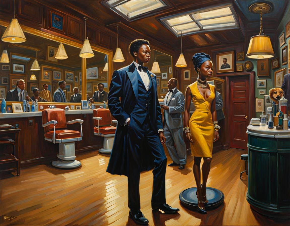 young women in a barbershop