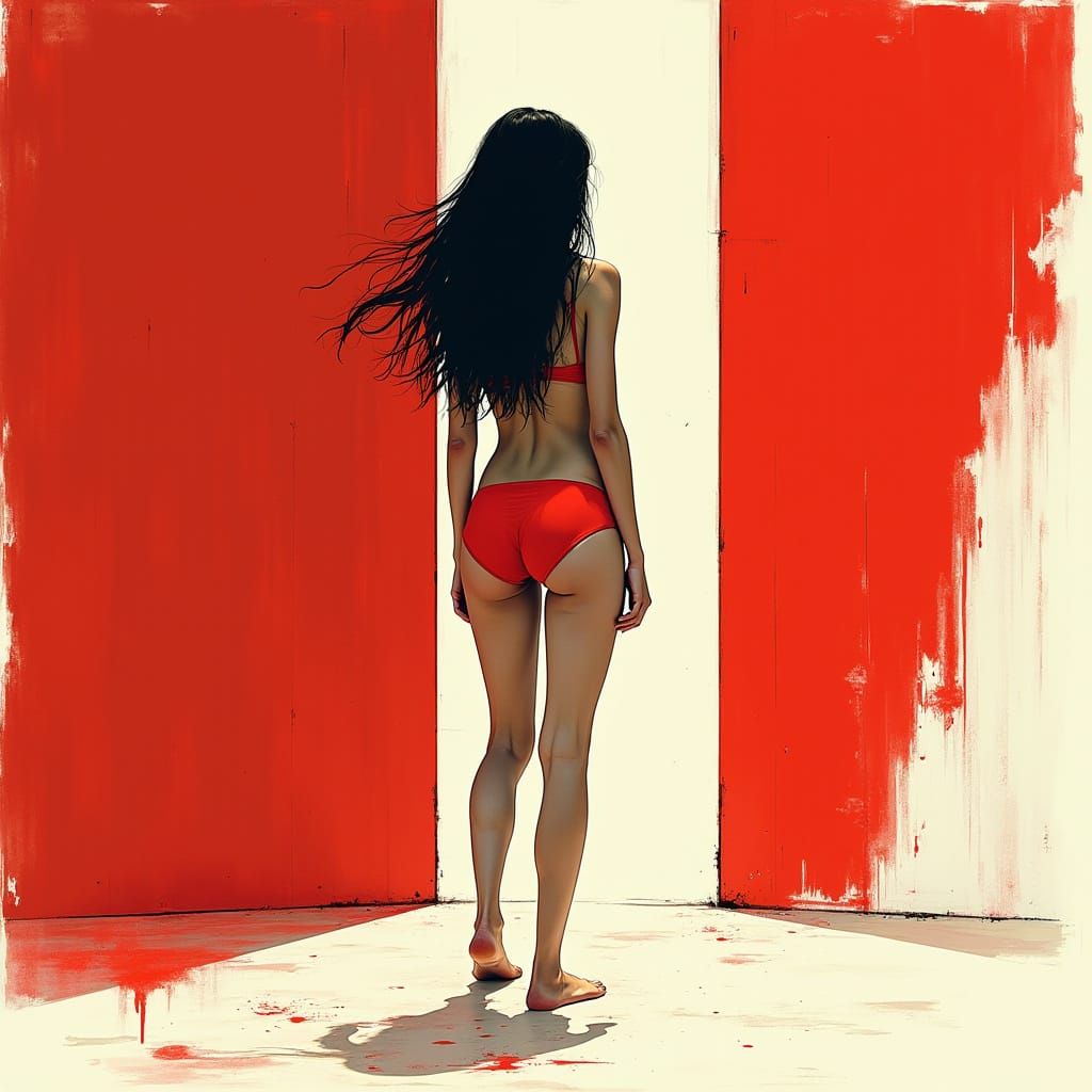 Avant-Garde Beach Goddess in Bold, Red Hues