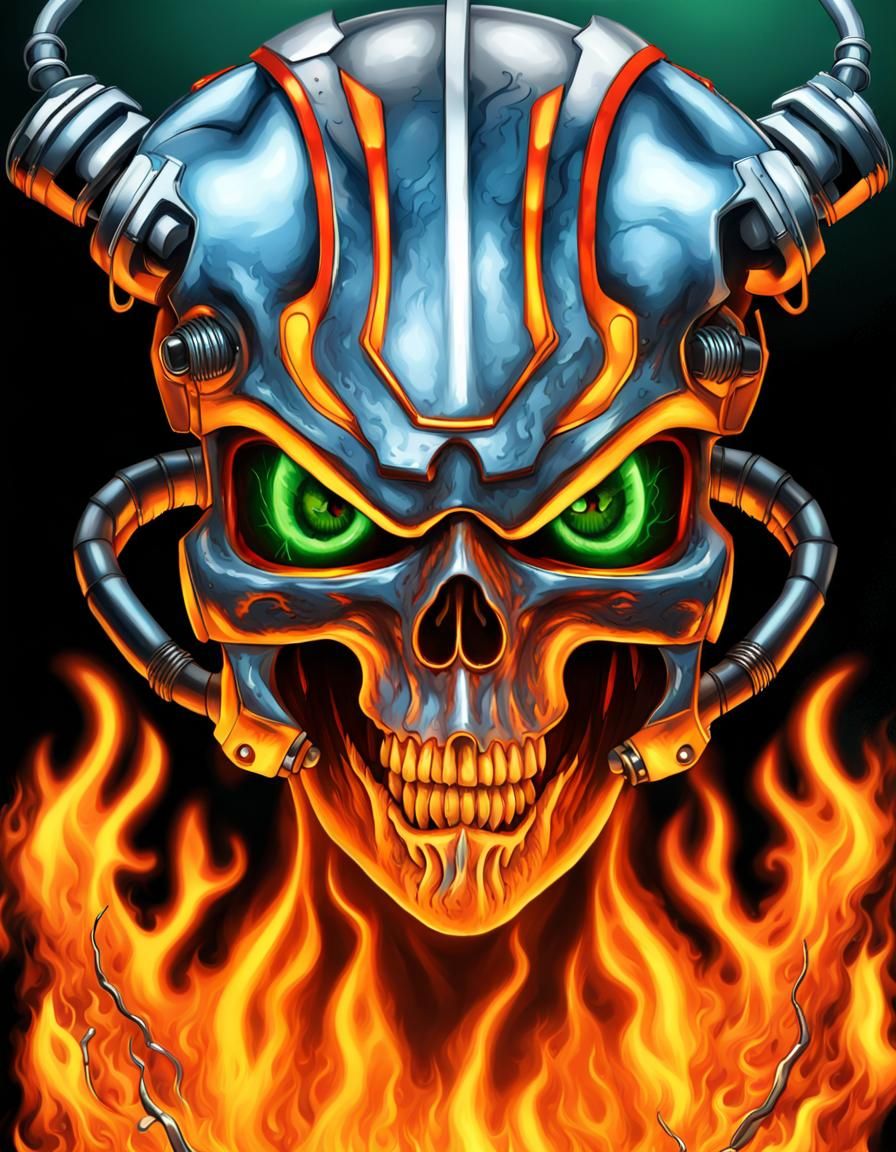 cyber demon with flames around a skull with a chrome helmet ...