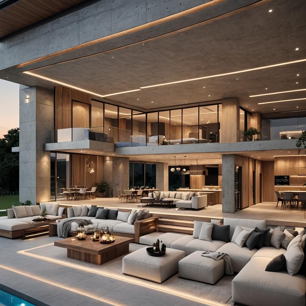 Modern Villa with Glass Walls and Ambient Lighting