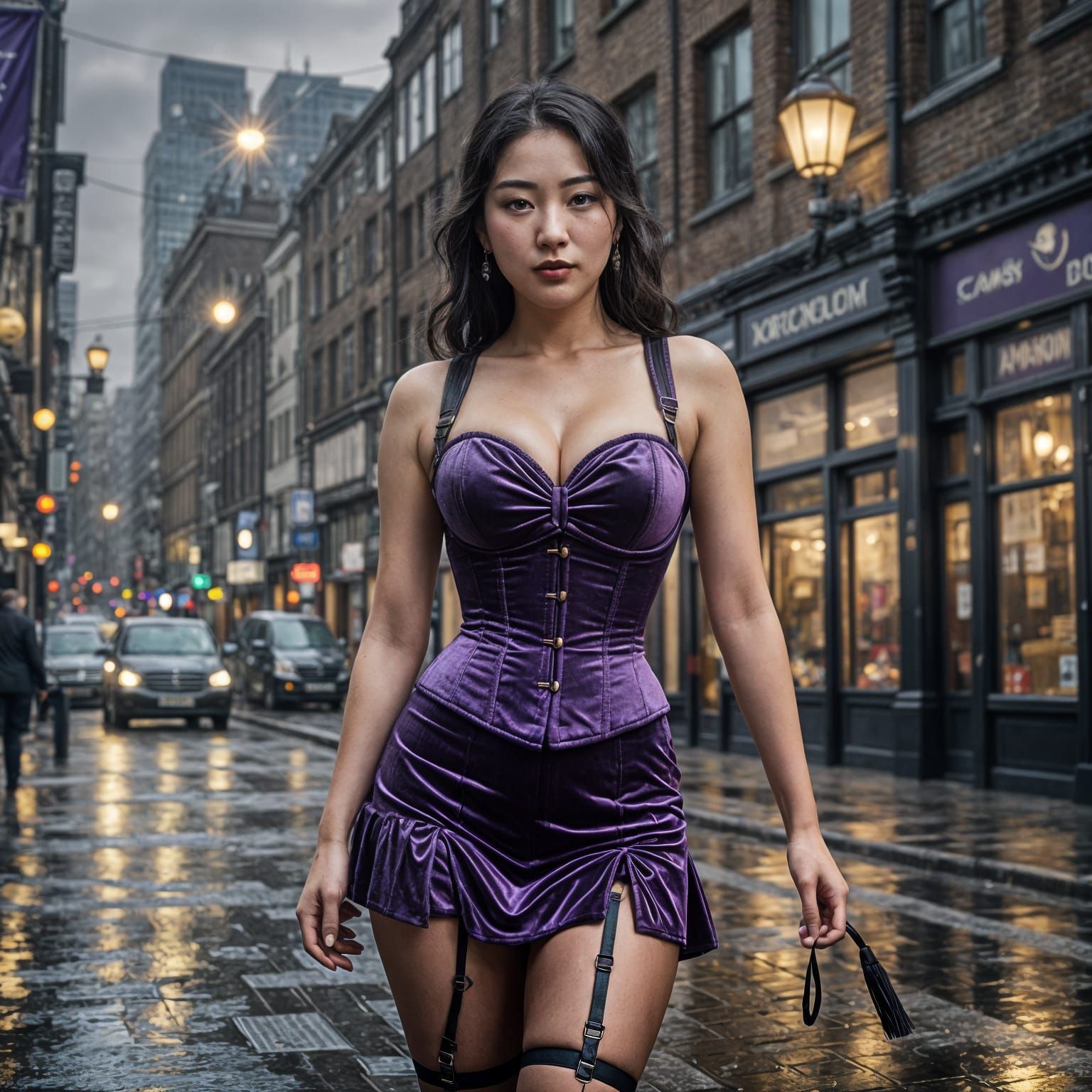 Professional photography of, voluptuous Korean woman wearing purple velvet corset, suspenders and stockings full length in wet London street...