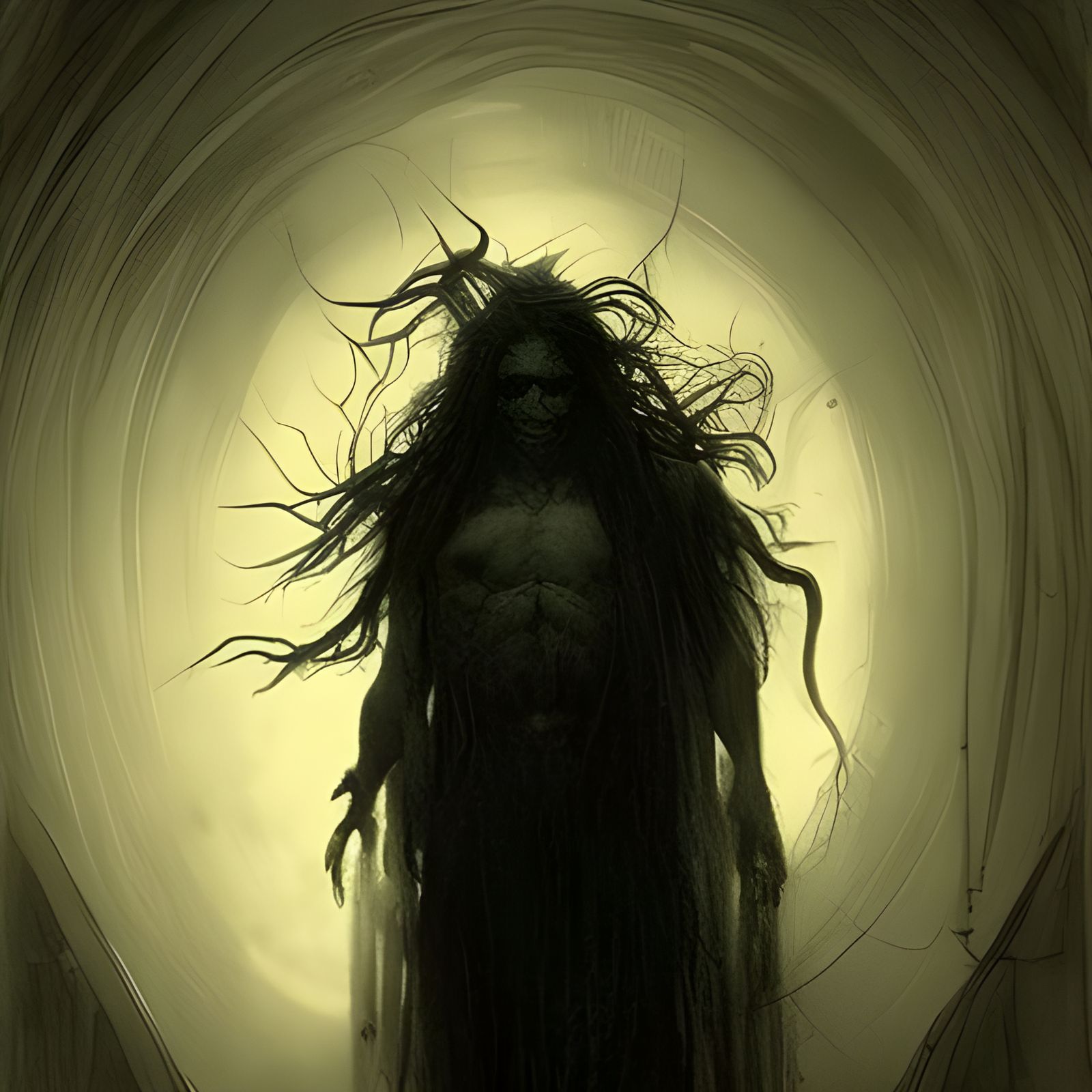 Tall pale scorpion man with long black hair