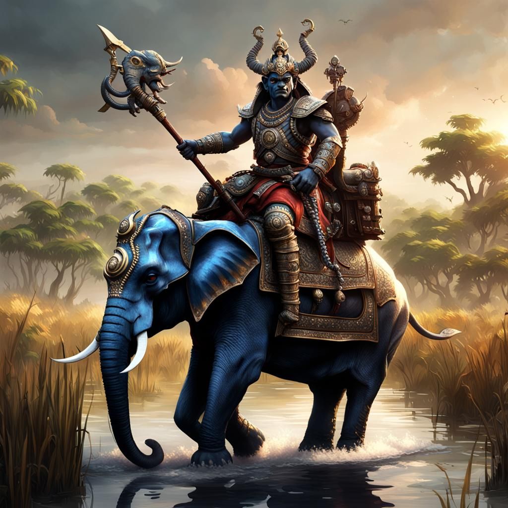 India Male Asura Demon with horns wielding a scimitar dresse...