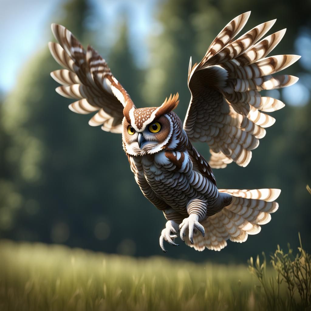 Eastern Screech Owl flies over a forest and meadow
