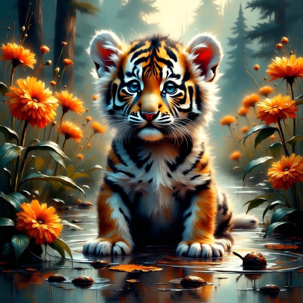 <lora:Impasto-Grunge:1.0> An adorable baby tiger cub sitting in a puddle, reflections, colorful flowers 