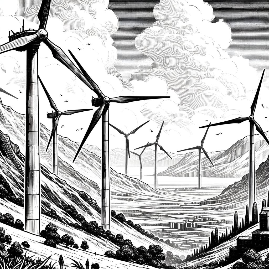 Black and White Line Art Wind Turbines in Sketchy Style