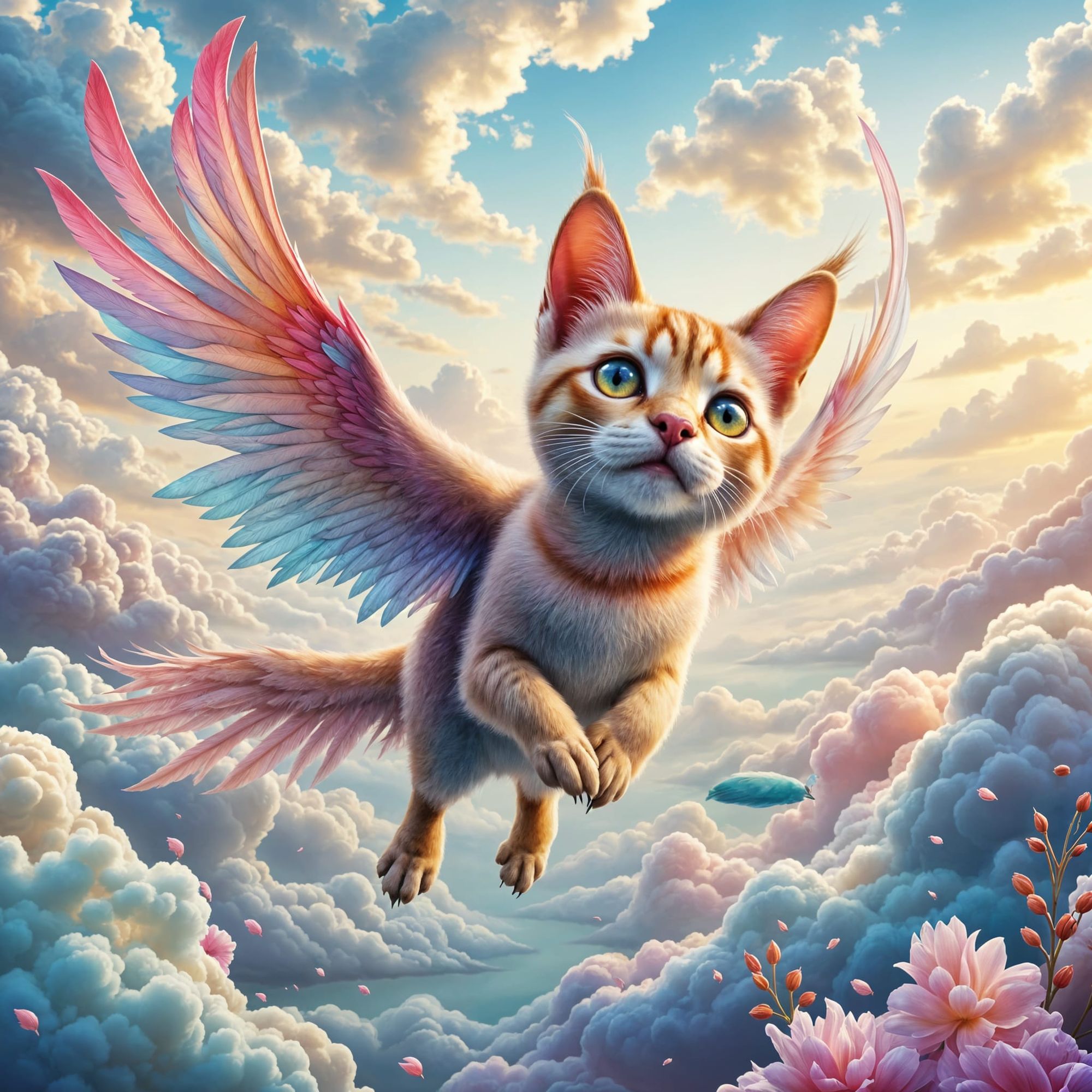 A whimsical cat-bird hybrid with iridescent plumage and delicate, feathered wings soars through a sky (2)