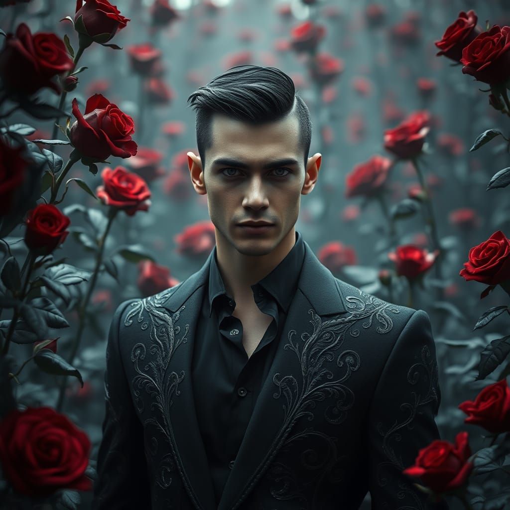 Surreal Dark Romanticism: Handsome Man Amidst Black Roses