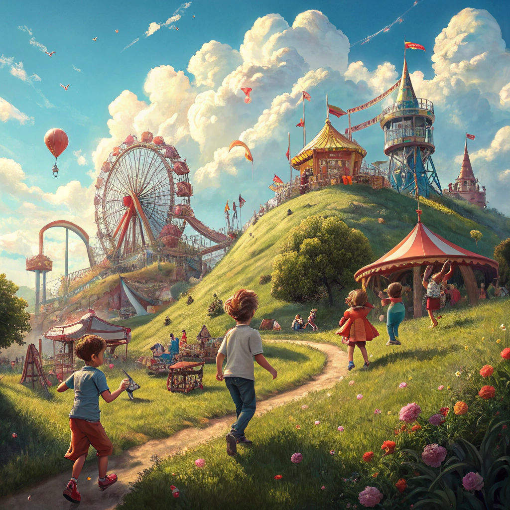 Vibrant Amusement Park Scene in Fantasy Art Style