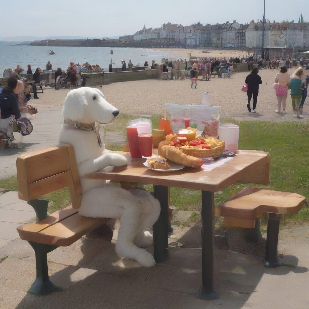 Unconvincing dog robot sits on a bench on a seaside promenade eating fish and chips, plus a strawberry trifle and a ...