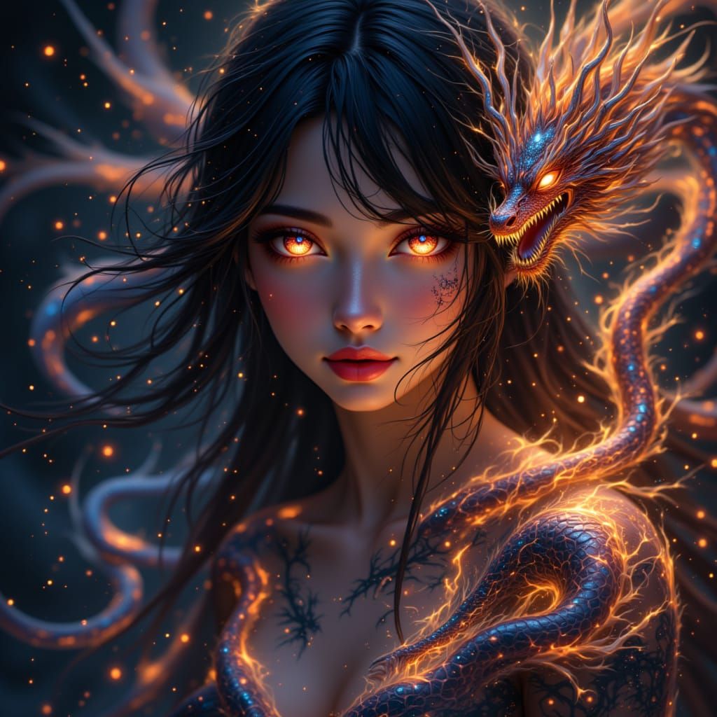 Dragon Tattooed Woman with Bioluminescent Shimmer