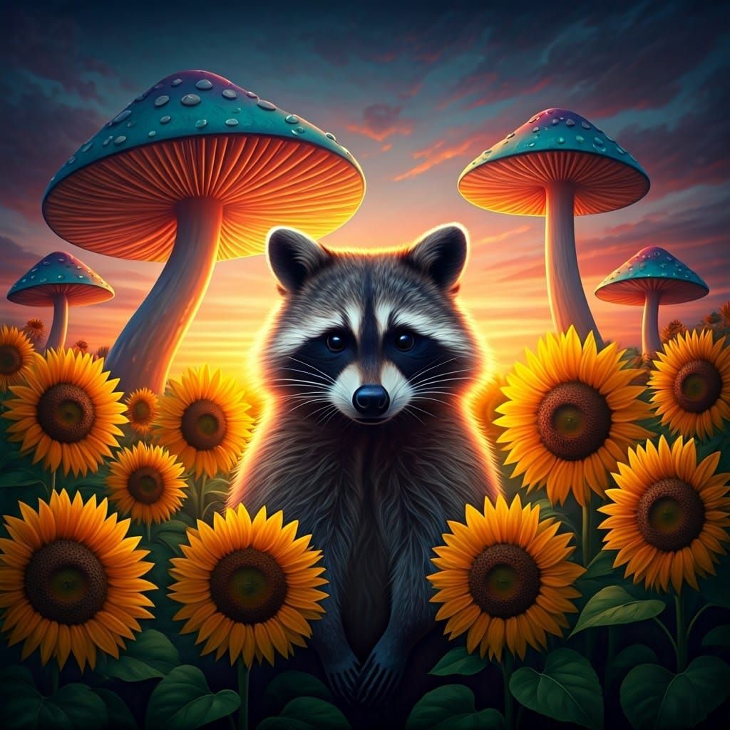 A raccoon and a sunflower field surrounded by psychedelic mushrooms during a sunset