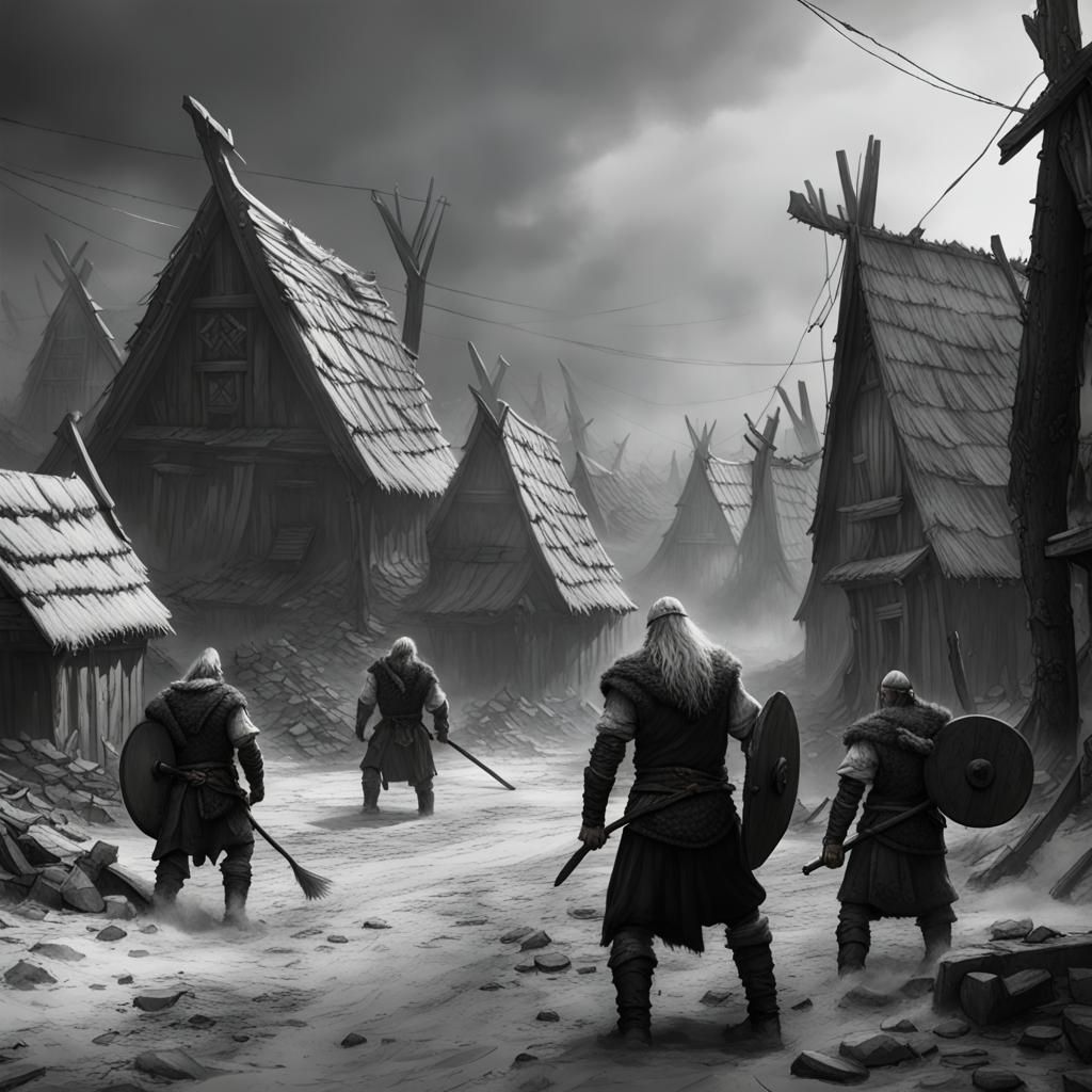 Vikings pillaging a village, destruction, violence, black an...