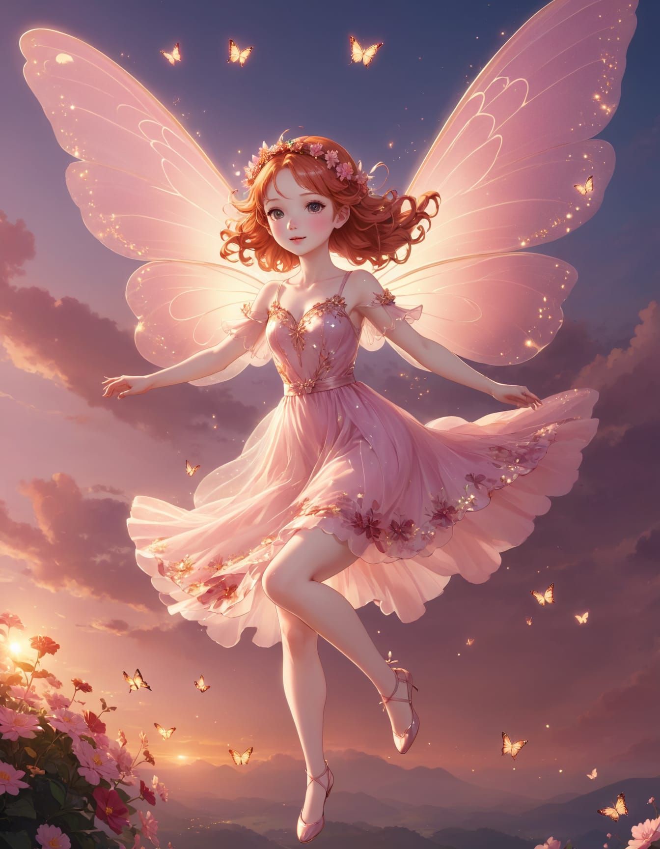 Anime illustration of a sparkling fairy girl flying in sunse...